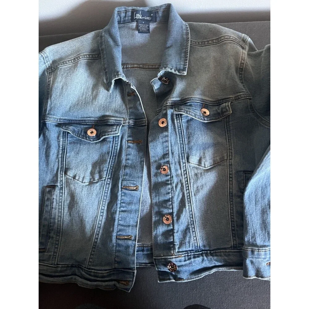 Lark + Grey Women’s Blue Denim Jacket Button Front Collared Stretch Short L